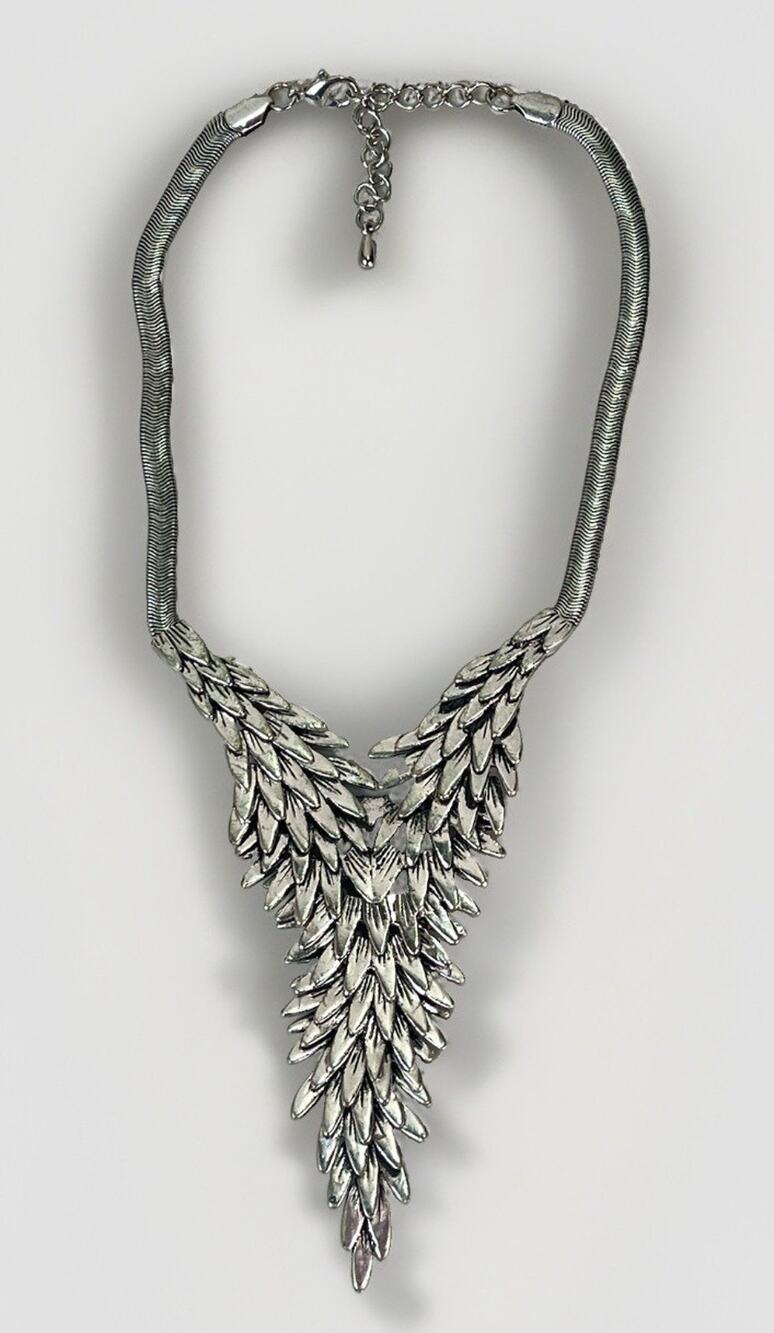 Silver Tone Cascading Leaf/ Feather Statement Necklace Bib Adjustable Chunky